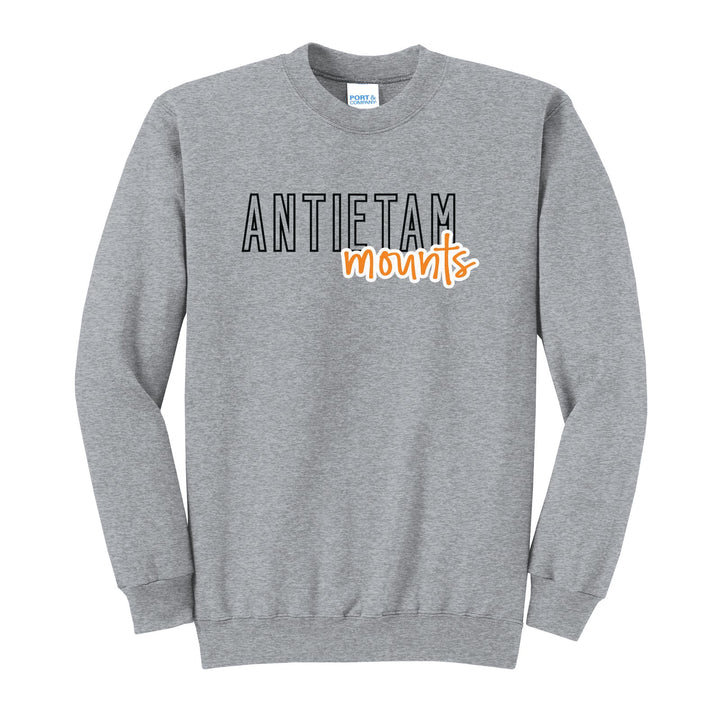Antietam Mountaineers Outline Script crewneck sweatshirt in Athletic Heather: outlined ANTIETAM letters with mounts script across the front