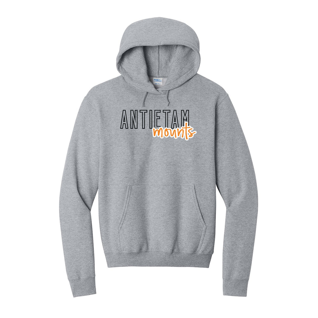 Antietam Mountaineers Outline Script hoodie in Athletic Heather: outlined ANTIETAM letters with mounts script across the front