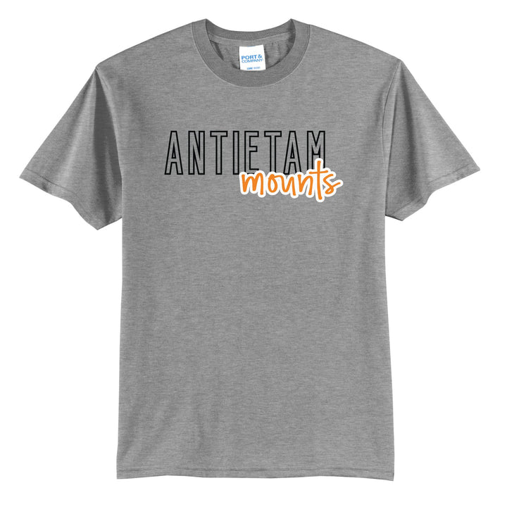 Antietam Mountaineers Outline Script t-shirt in Athletic Heather: outlined ANTIETAM letters with mounts script across the front
