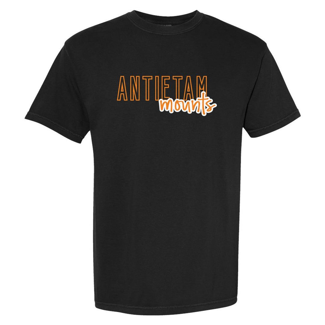 Antietam Mountaineers Outline Script comfort colors t-shirt in Black: outlined ANTIETAM letters with mounts script across the front