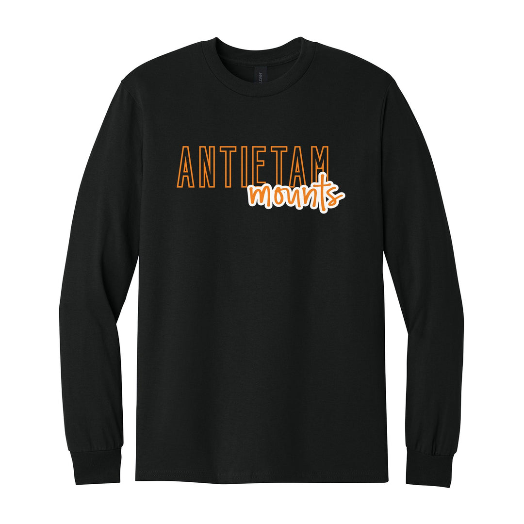 Antietam Mountaineers Outline Script long sleeve t-shirt in Black: outlined ANTIETAM letters with mounts script across the front