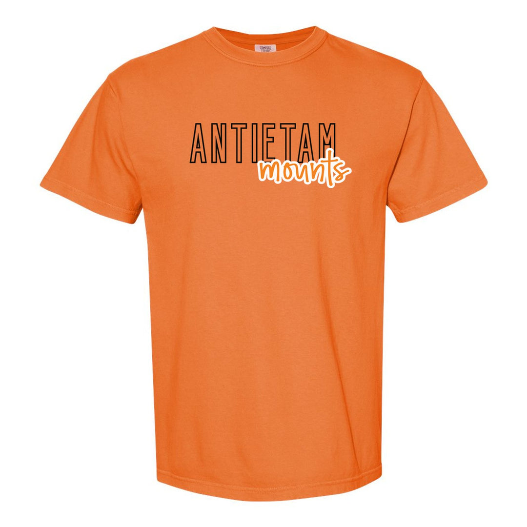 Antietam Mountaineers Outline Script comfort colors t-shirt in Burnt Orange: outlined ANTIETAM letters with mounts script across the front