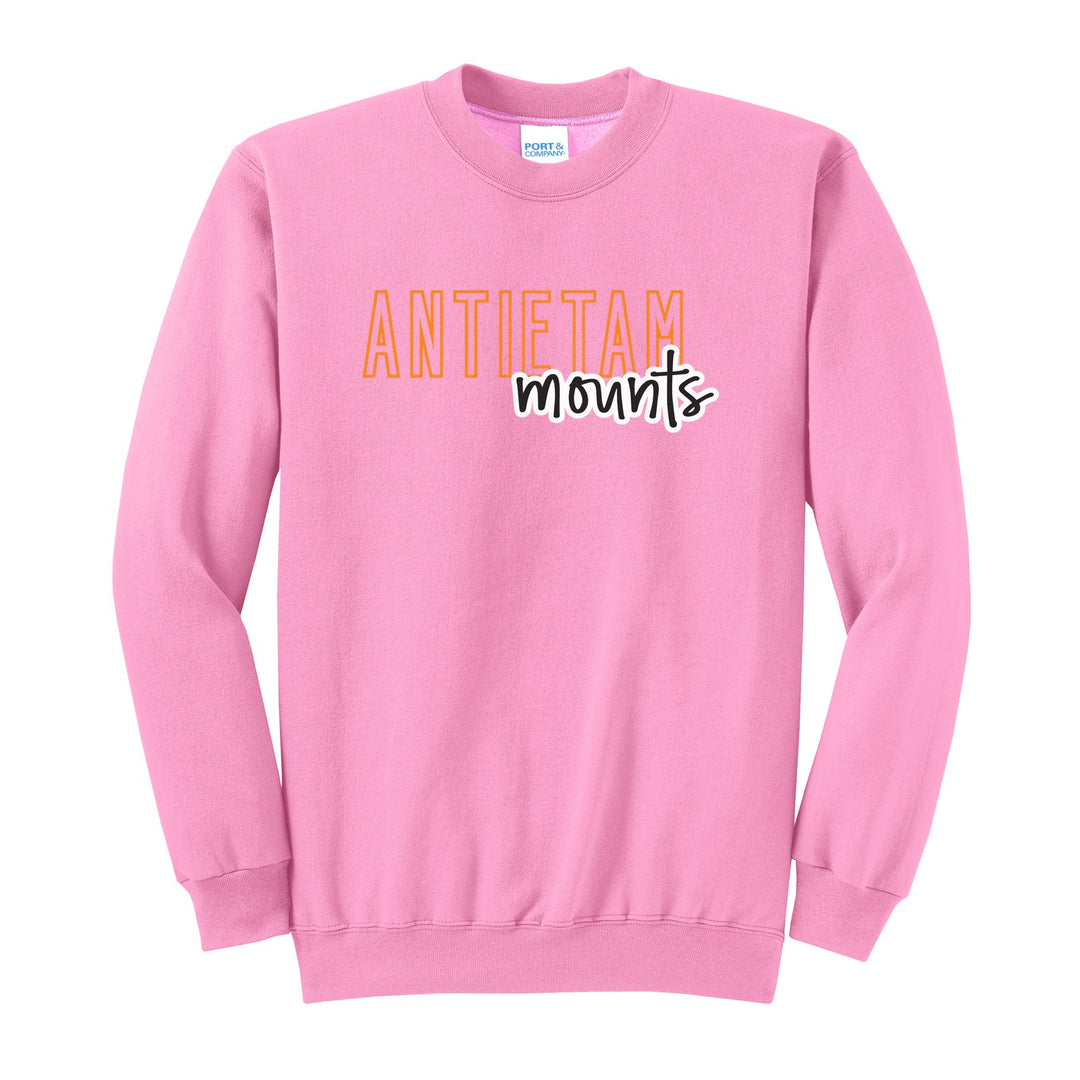 Antietam Mountaineers Outline Script crewneck sweatshirt in Candy Pink: outlined ANTIETAM letters with mounts script across the front
