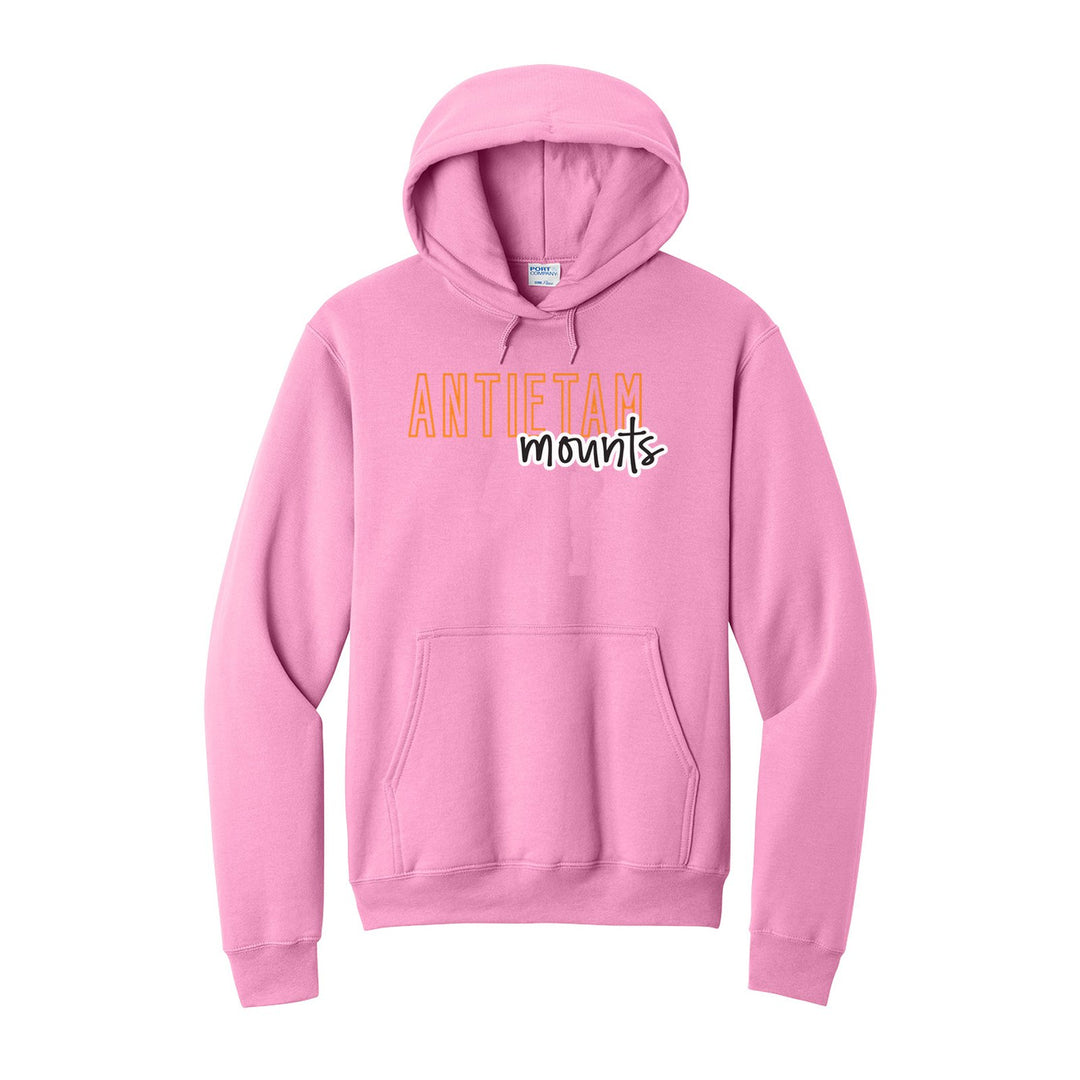 Antietam Mountaineers Outline Script hoodie in Candy Pink: outlined ANTIETAM letters with mounts script across the front