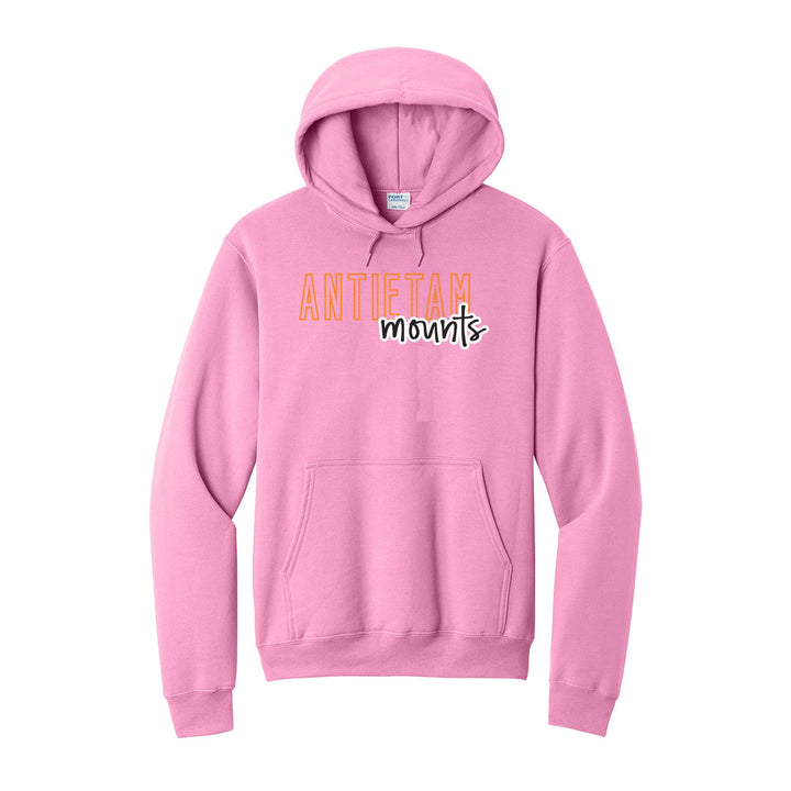 Antietam Mountaineers Outline Script hoodie in Candy Pink: outlined ANTIETAM letters with mounts script across the front