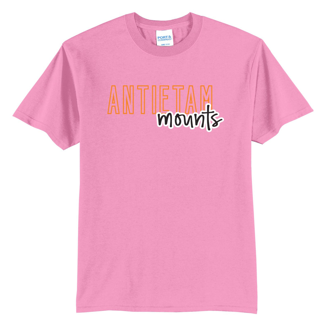 Antietam Mountaineers Outline Script t-shirt in Candy Pink: outlined ANTIETAM letters with mounts script across the front
