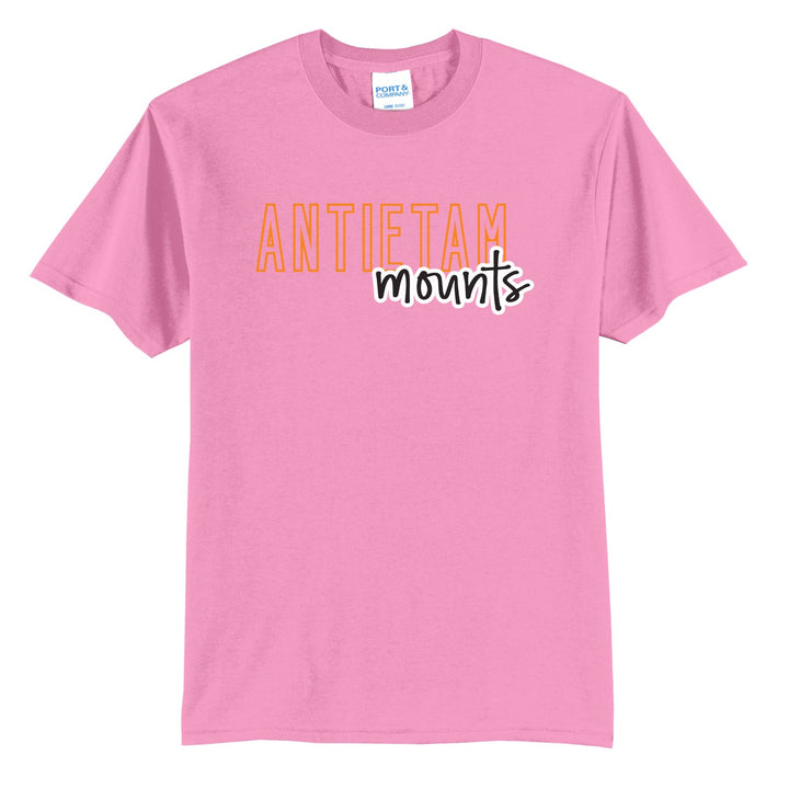 Antietam Mountaineers Outline Script t-shirt in Candy Pink: outlined ANTIETAM letters with mounts script across the front