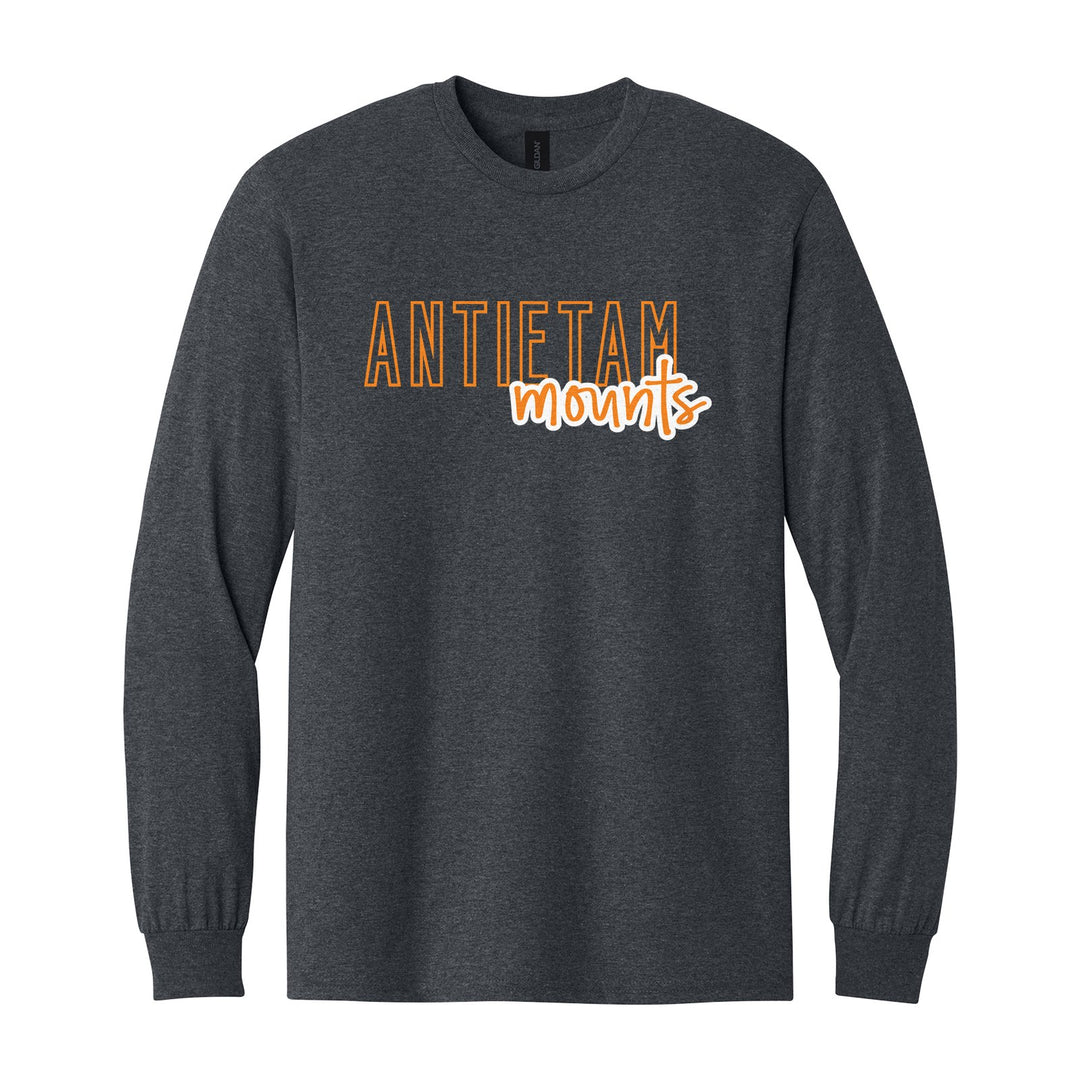 Antietam Mountaineers Outline Script long sleeve t-shirt in Dark Heather: outlined ANTIETAM letters with mounts script across the front