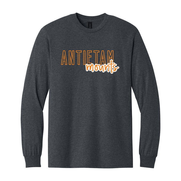 Antietam Mountaineers Outline Script long sleeve t-shirt in Dark Heather: outlined ANTIETAM letters with mounts script across the front
