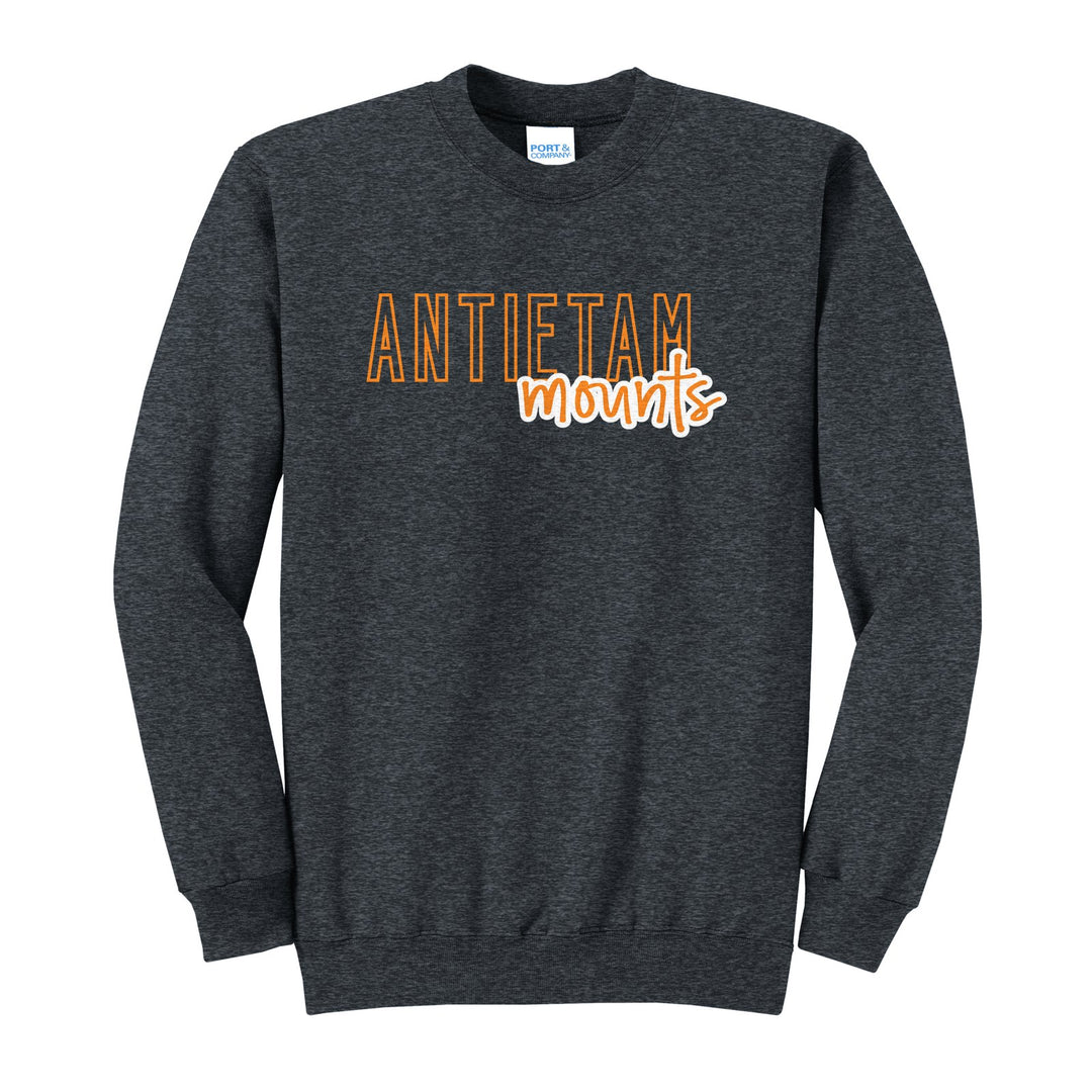 Antietam Mountaineers Outline Script crewneck sweatshirt in Dark Heather Grey: outlined ANTIETAM letters with mounts script across the front