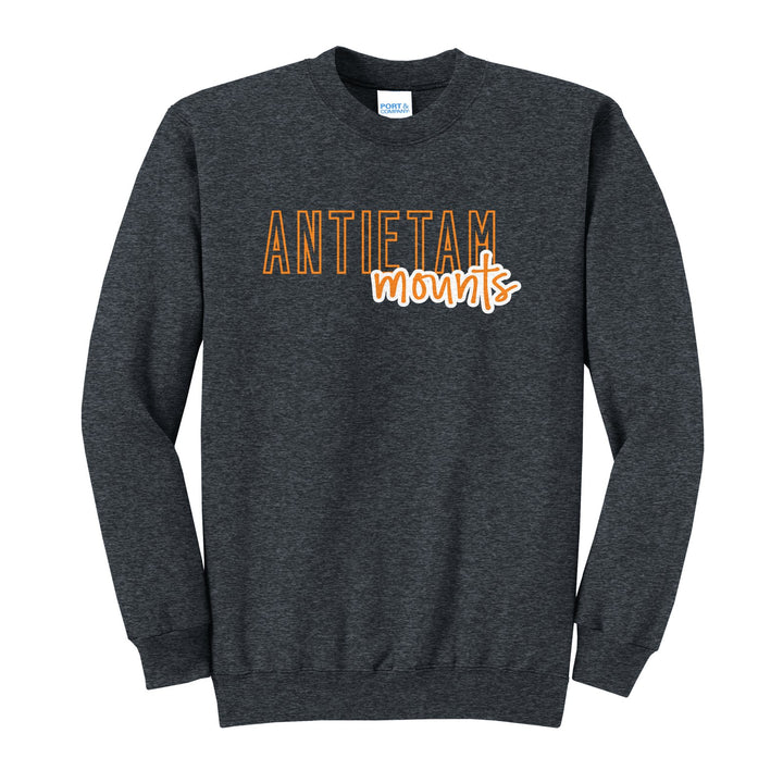 Antietam Mountaineers Outline Script crewneck sweatshirt in Dark Heather Grey: outlined ANTIETAM letters with mounts script across the front