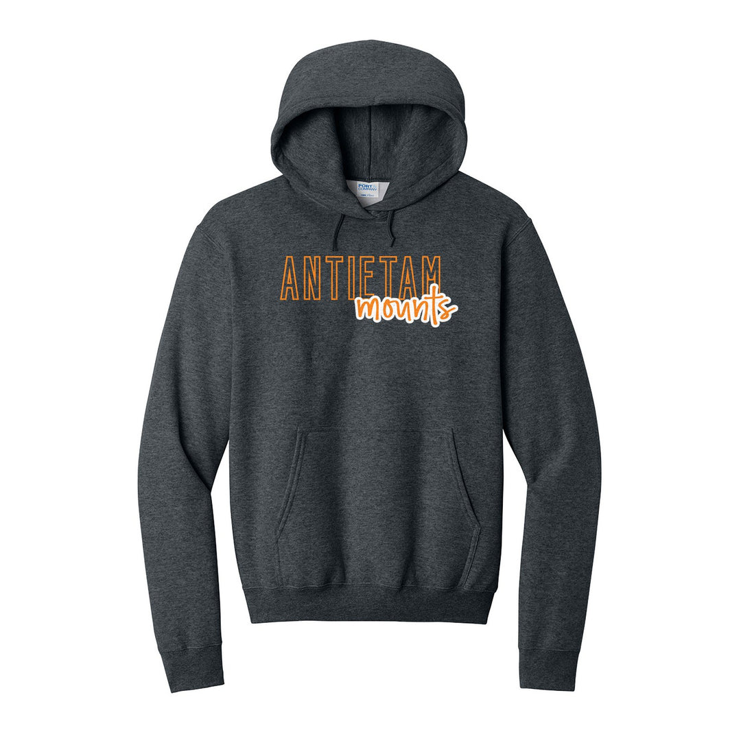 Antietam Mountaineers Outline Script hoodie in Dark Heather Grey: outlined ANTIETAM letters with mounts script across the front
