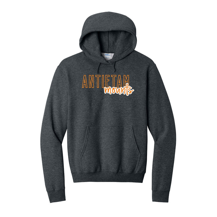 Antietam Mountaineers Outline Script hoodie in Dark Heather Grey: outlined ANTIETAM letters with mounts script across the front