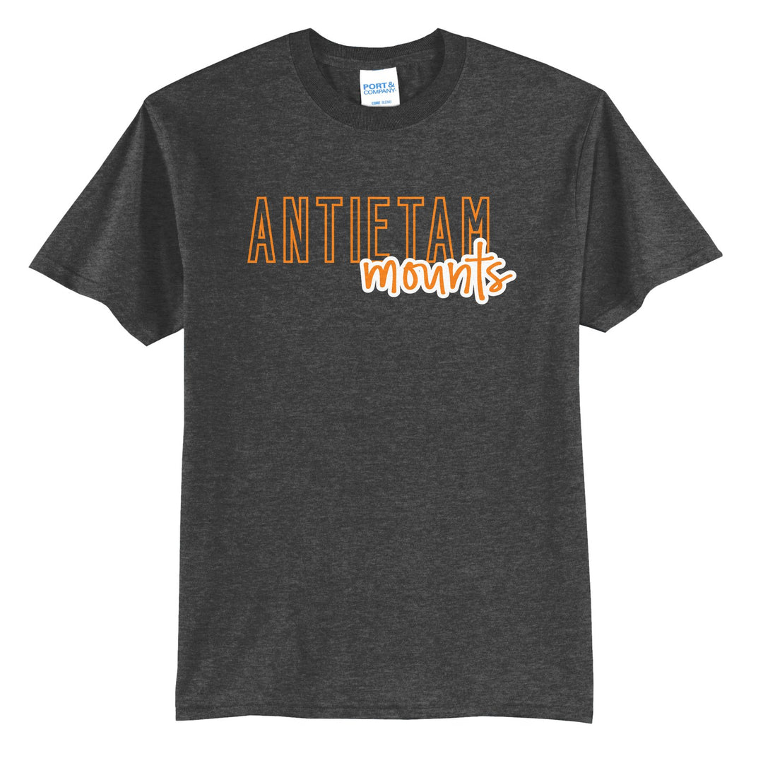 Antietam Mountaineers Outline Script t-shirt in Dark Heather Grey: outlined ANTIETAM letters with mounts script across the front