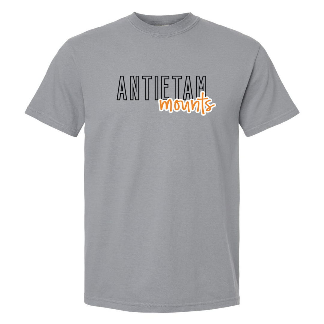 Antietam Mountaineers Outline Script comfort colors t-shirt in Granite: outlined ANTIETAM letters with mounts script across the front