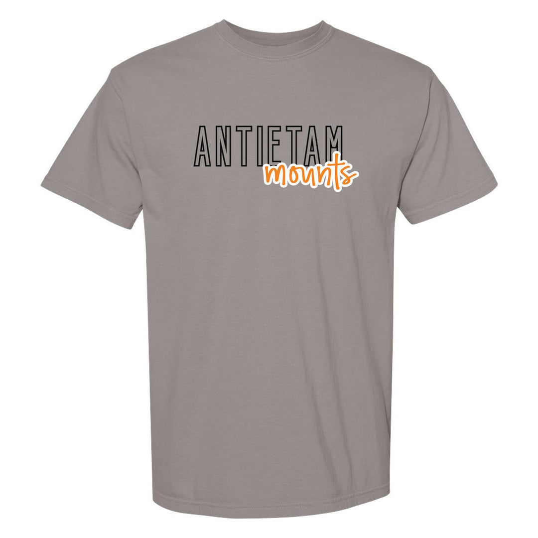 Antietam Mountaineers Outline Script comfort colors t-shirt in Grey: outlined ANTIETAM letters with mounts script across the front