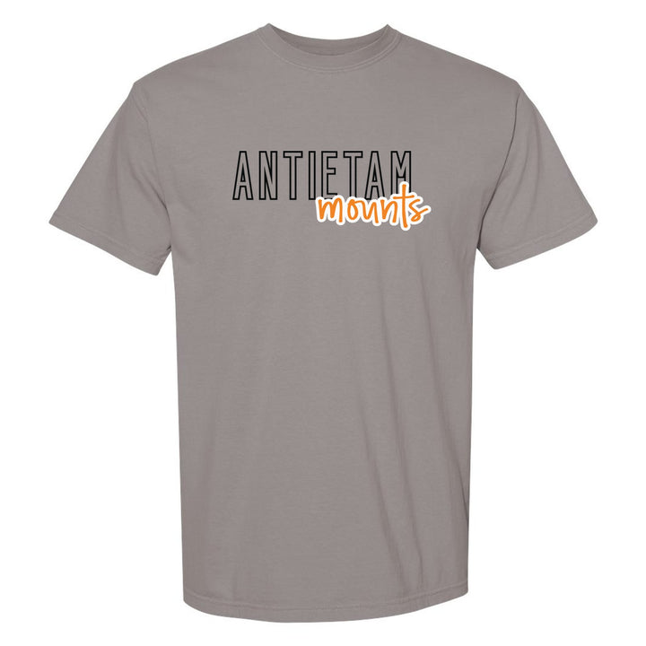 Antietam Mountaineers Outline Script comfort colors t-shirt in Grey: outlined ANTIETAM letters with mounts script across the front