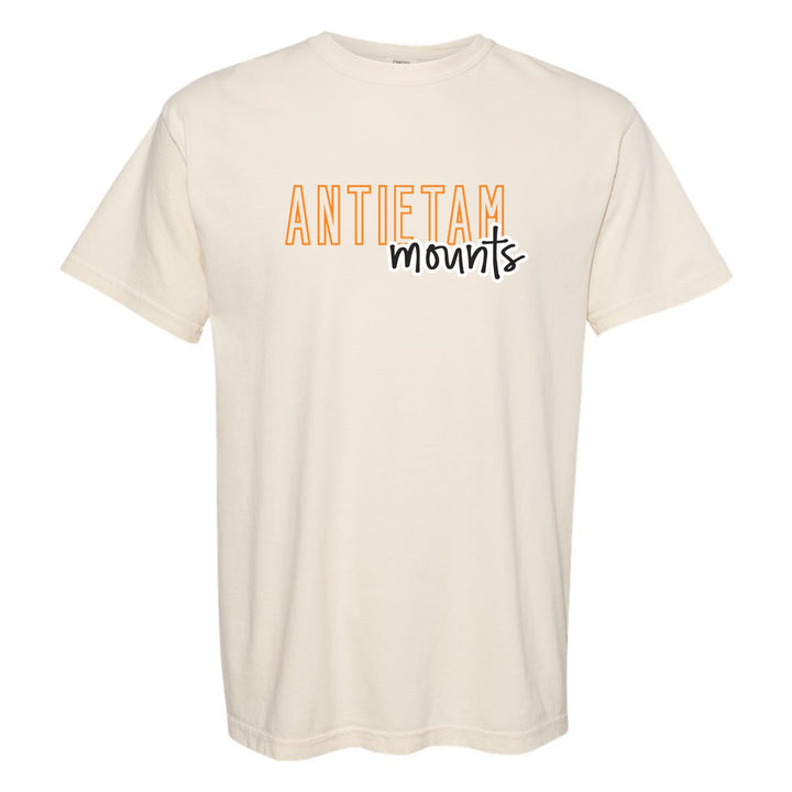 Antietam Mountaineers Outline Script comfort colors t-shirt in Ivory: outlined ANTIETAM letters with mounts script across the front