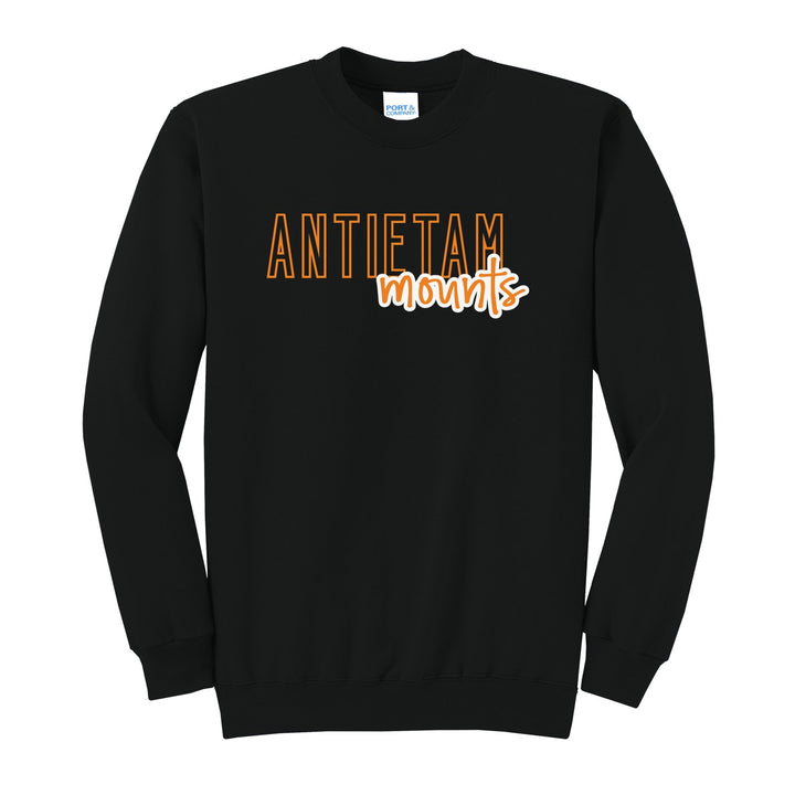 Antietam Mountaineers Outline Script crewneck sweatshirt in Jet Black: outlined ANTIETAM letters with mounts script across the front