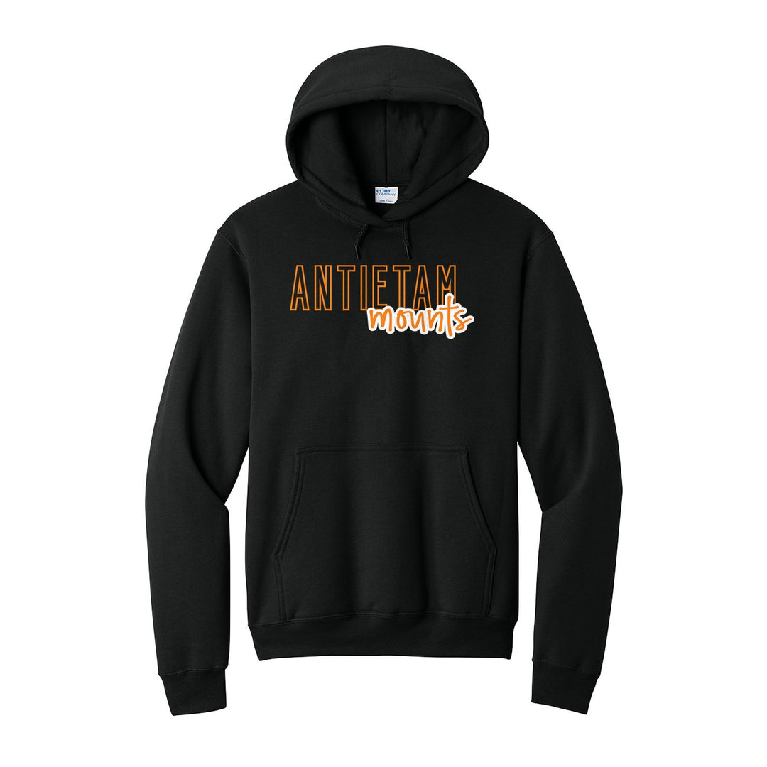 Antietam Mountaineers Outline Script hoodie in Jet Black: outlined ANTIETAM letters with mounts script across the front