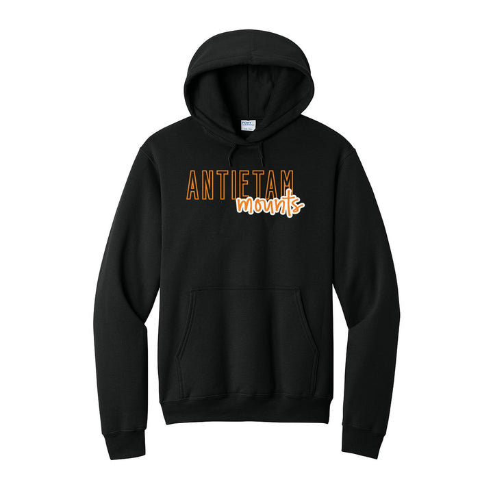 Antietam Mountaineers Outline Script hoodie in Jet Black: outlined ANTIETAM letters with mounts script across the front
