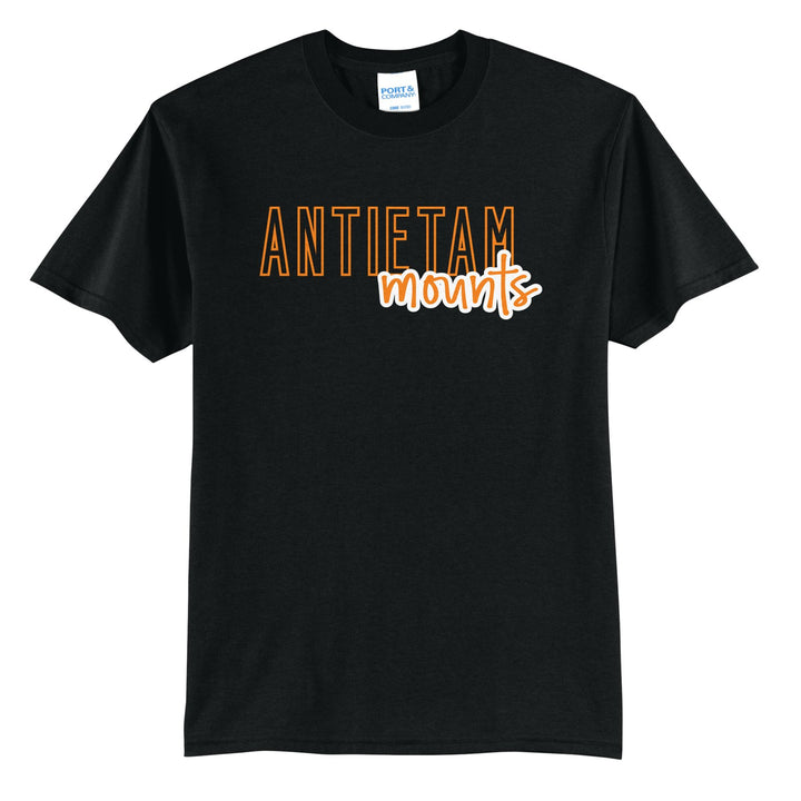 Antietam Mountaineers Outline Script t-shirt in Jet Black: outlined ANTIETAM letters with mounts script across the front