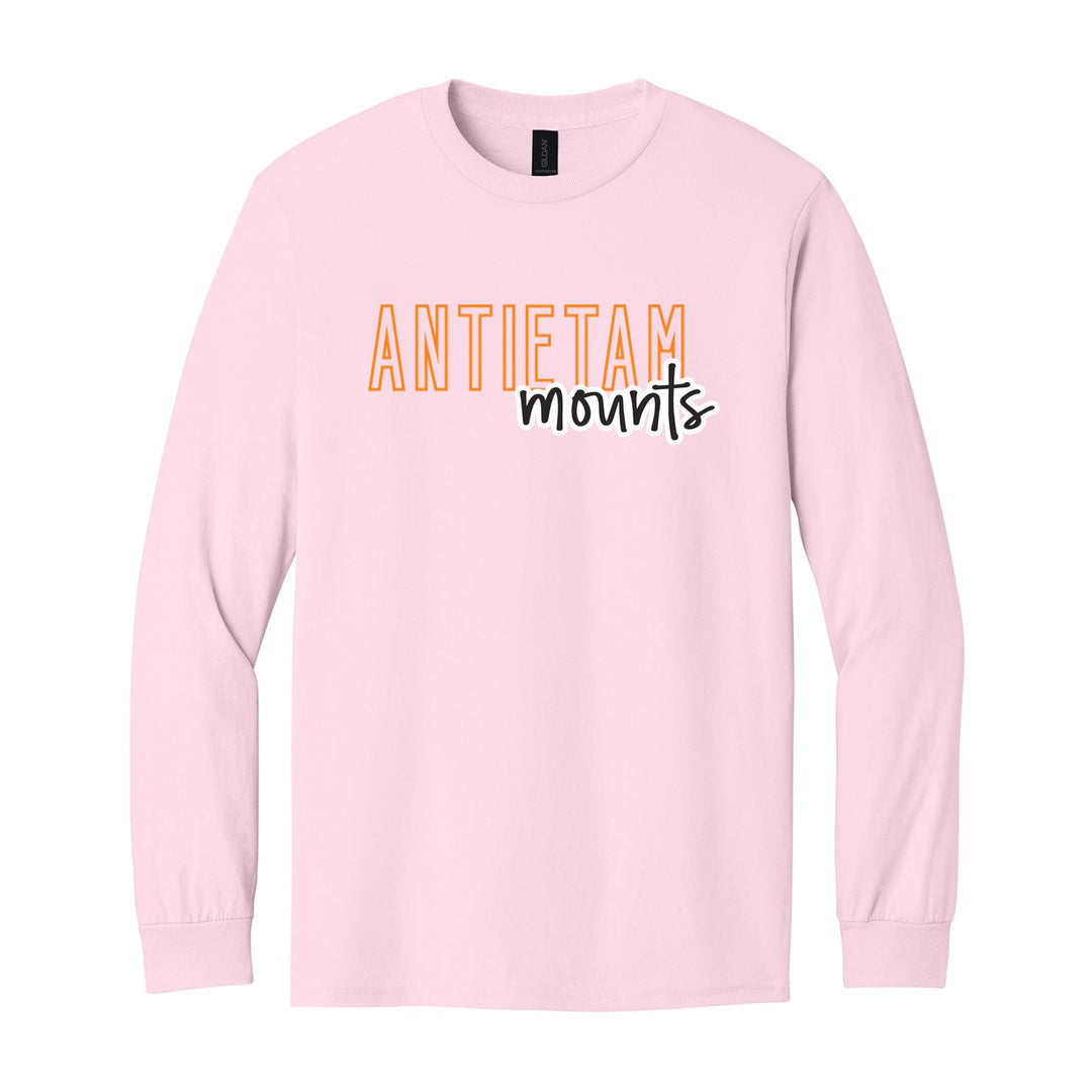 Antietam Mountaineers Outline Script long sleeve t-shirt in Light Pink: outlined ANTIETAM letters with mounts script across the front