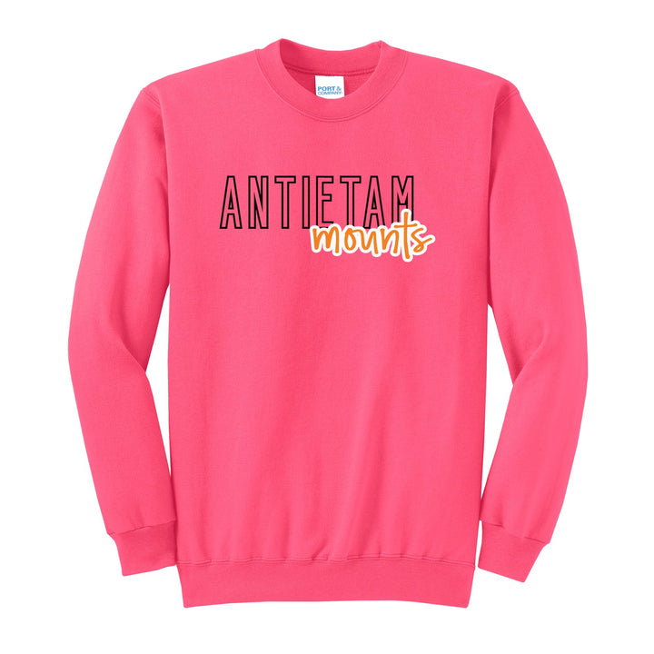 Antietam Mountaineers Outline Script crewneck sweatshirt in Neon Pink: outlined ANTIETAM letters with mounts script across the front