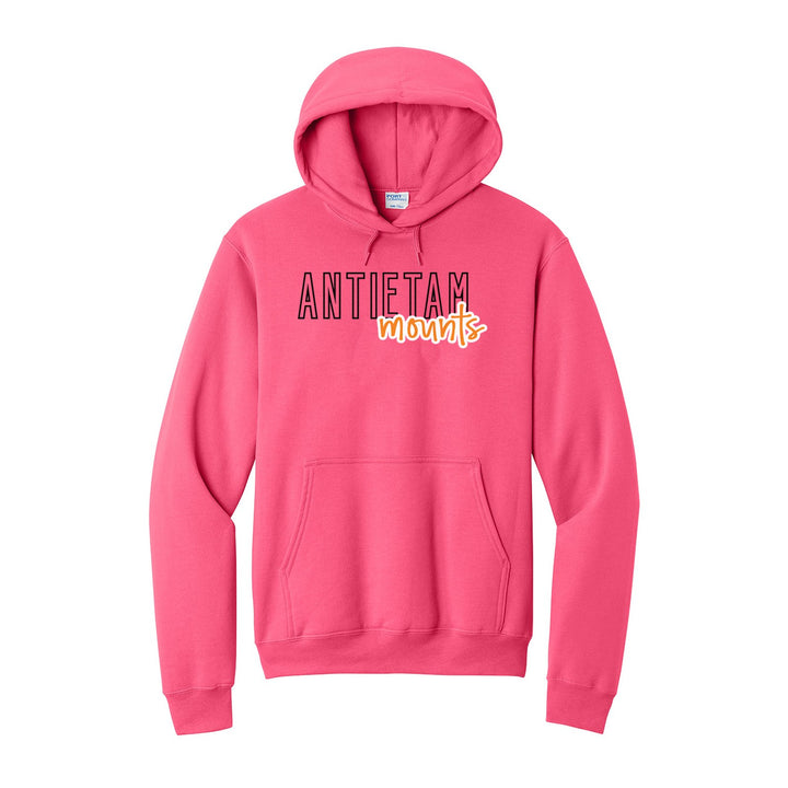 Antietam Mountaineers Outline Script hoodie in Neon Pink: outlined ANTIETAM letters with mounts script across the front