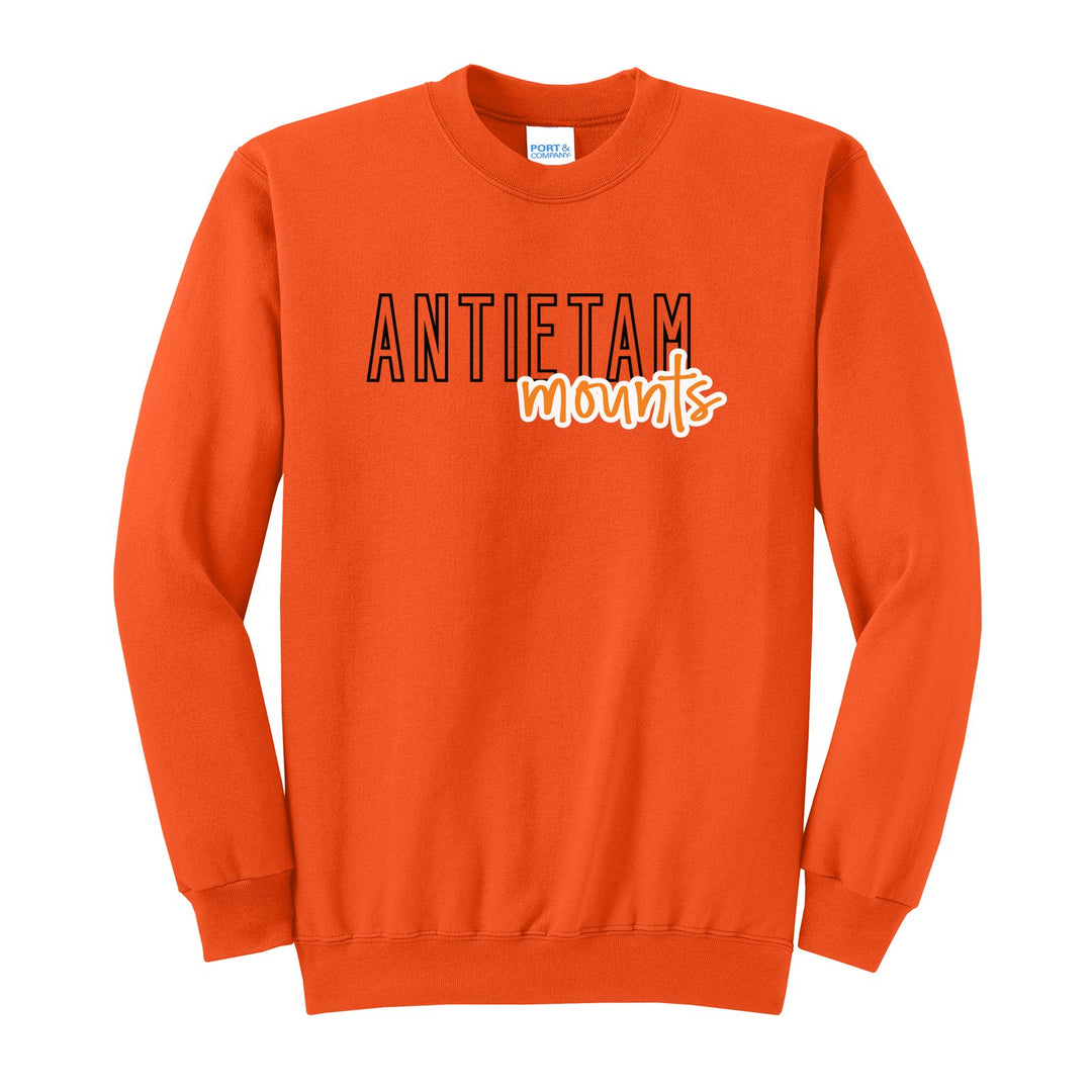 Antietam Mountaineers Outline Script crewneck sweatshirt in Orange: outlined ANTIETAM letters with mounts script across the front