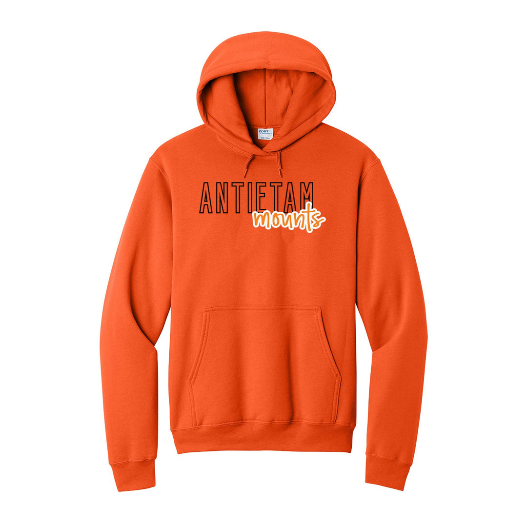 Antietam Mountaineers Outline Script hoodie in Orange: outlined ANTIETAM letters with mounts script across the front
