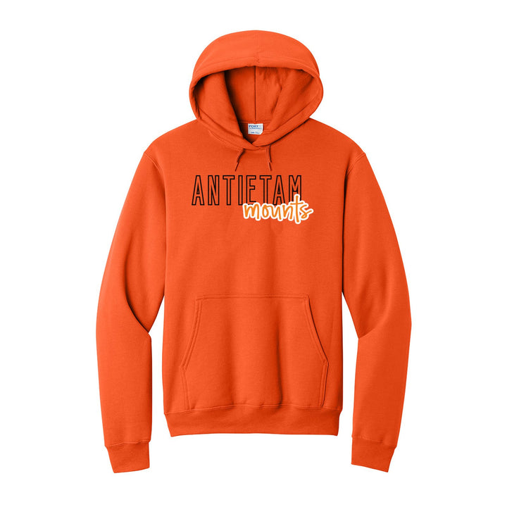 Antietam Mountaineers Outline Script hoodie in Orange: outlined ANTIETAM letters with mounts script across the front