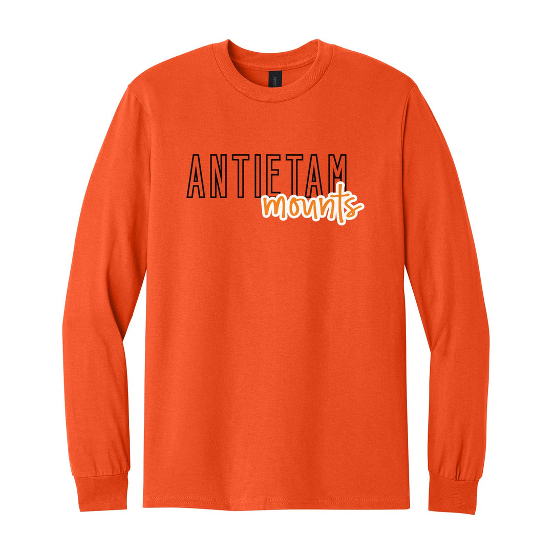 Antietam Mountaineers Outline Script long sleeve t-shirt in Orange: outlined ANTIETAM letters with mounts script across the front