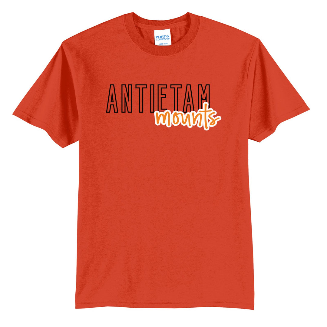 Antietam Mountaineers Outline Script t-shirt in Orange: outlined ANTIETAM letters with mounts script across the front