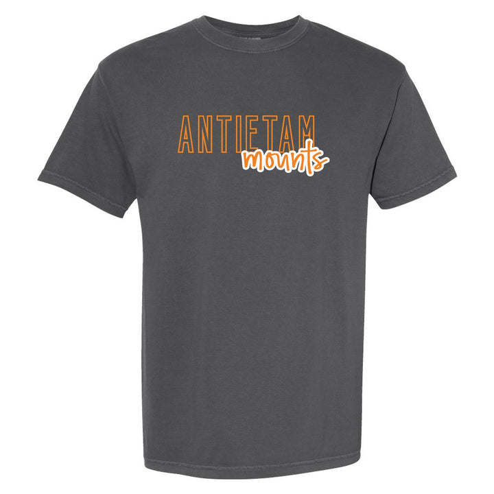 Antietam Mountaineers Outline Script comfort colors t-shirt in Pepper: outlined ANTIETAM letters with mounts script across the front