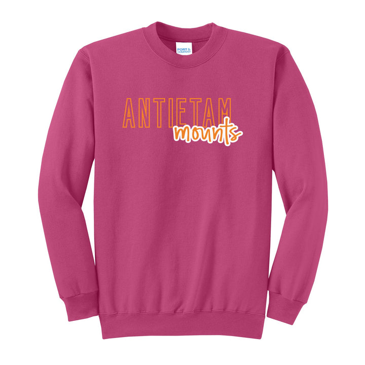 Antietam Mountaineers Outline Script crewneck sweatshirt in Sangria: outlined ANTIETAM letters with mounts script across the front