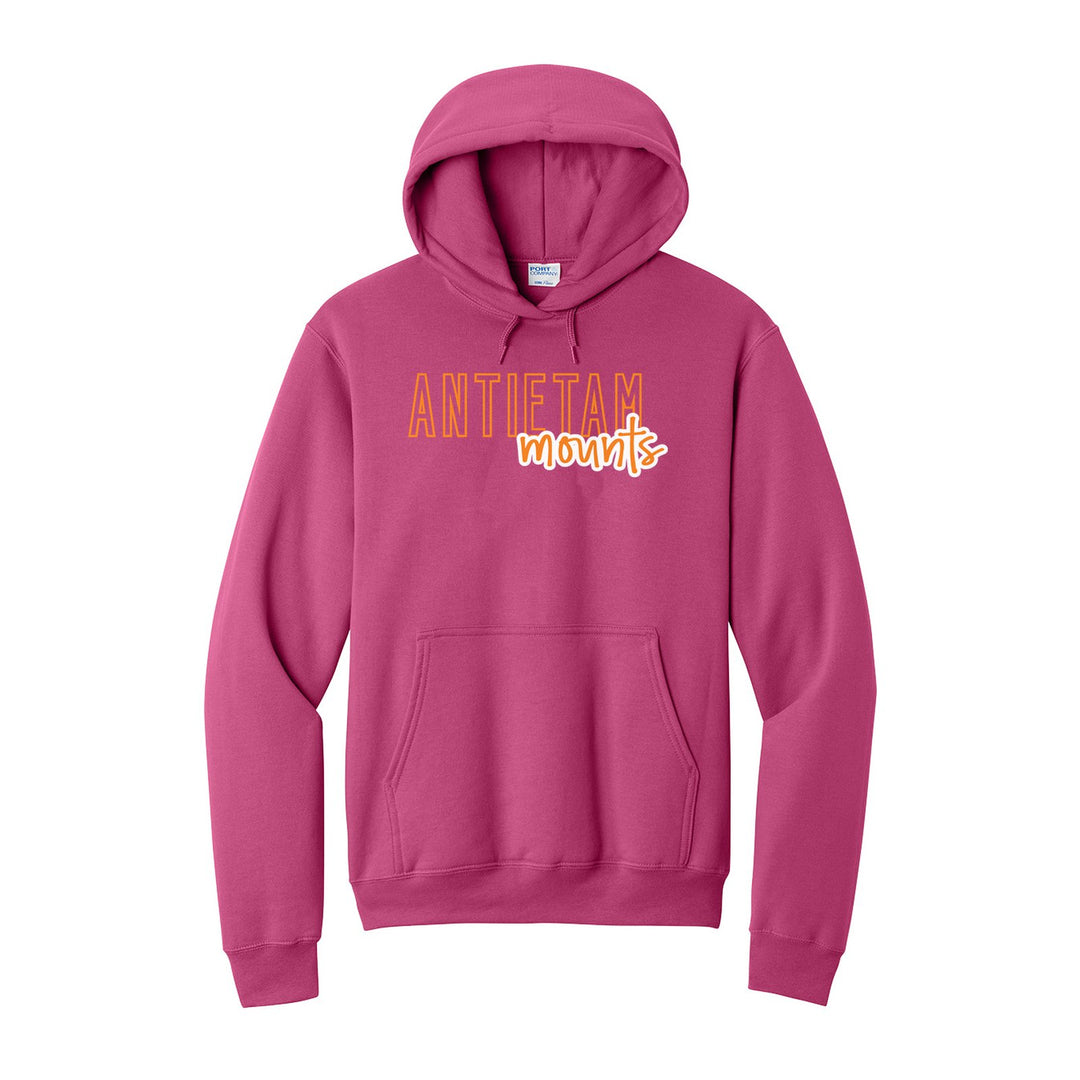 Antietam Mountaineers Outline Script hoodie in Sangria: outlined ANTIETAM letters with mounts script across the front