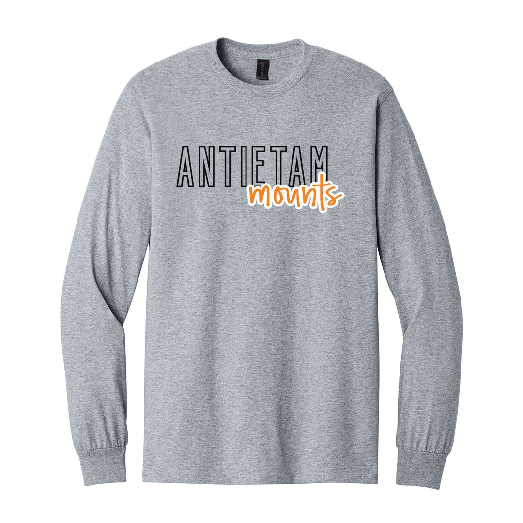 Antietam Mountaineers Outline Script long sleeve t-shirt in Sport Grey: outlined ANTIETAM letters with mounts script across the front