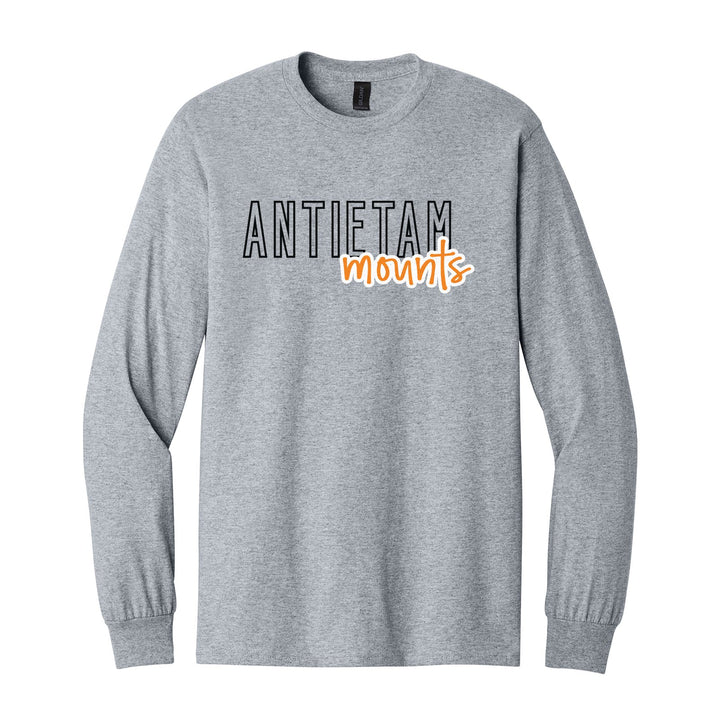 Antietam Mountaineers Outline Script long sleeve t-shirt in Sport Grey: outlined ANTIETAM letters with mounts script across the front
