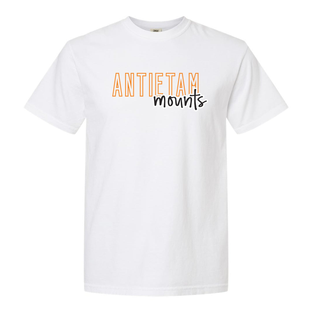 Antietam Mountaineers Outline Script comfort colors t-shirt in White: outlined ANTIETAM letters with mounts script across the front
