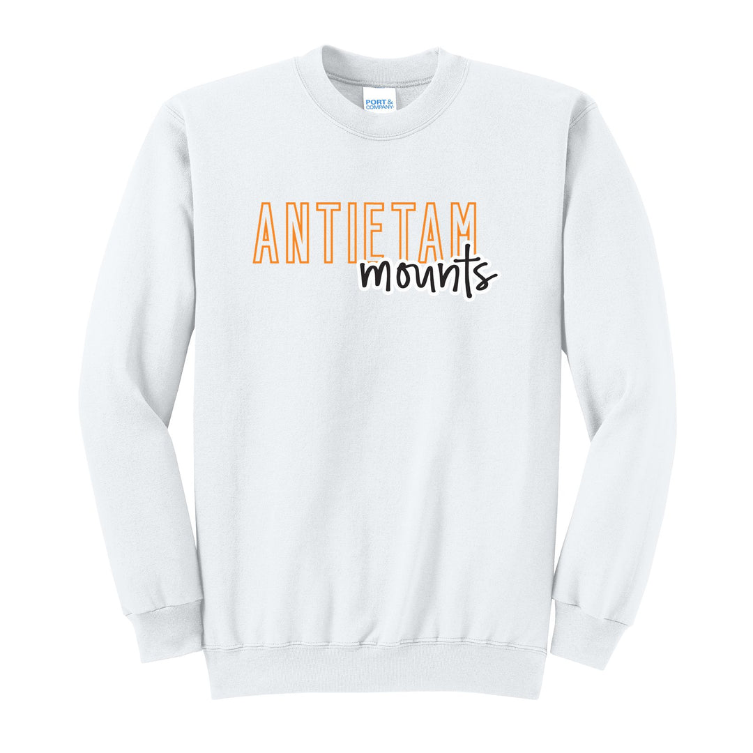 Antietam Mountaineers Outline Script crewneck sweatshirt in White: outlined ANTIETAM letters with mounts script across the front