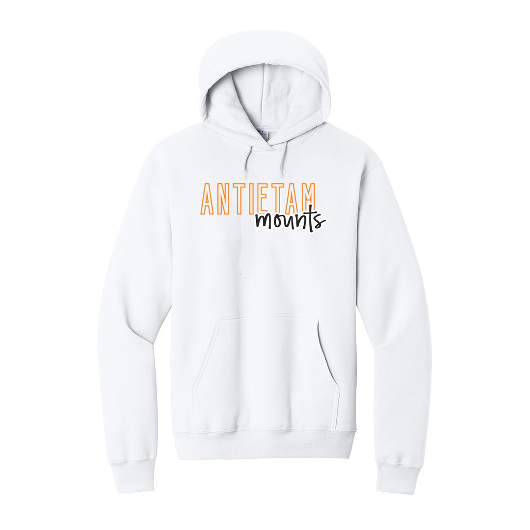 Antietam Mountaineers Outline Script hoodie in White: outlined ANTIETAM letters with mounts script across the front