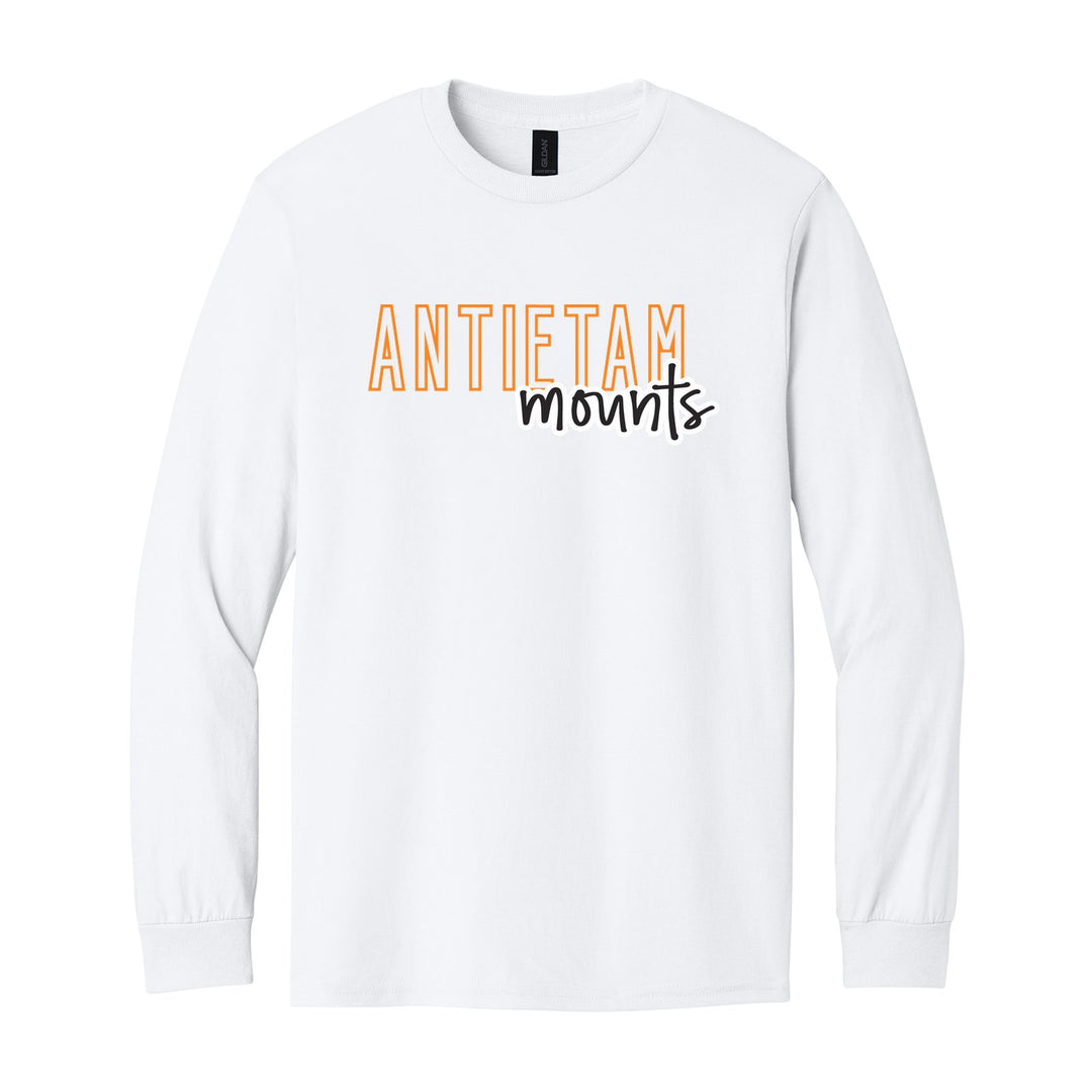 Antietam Mountaineers Outline Script long sleeve t-shirt in White: outlined ANTIETAM letters with mounts script across the front