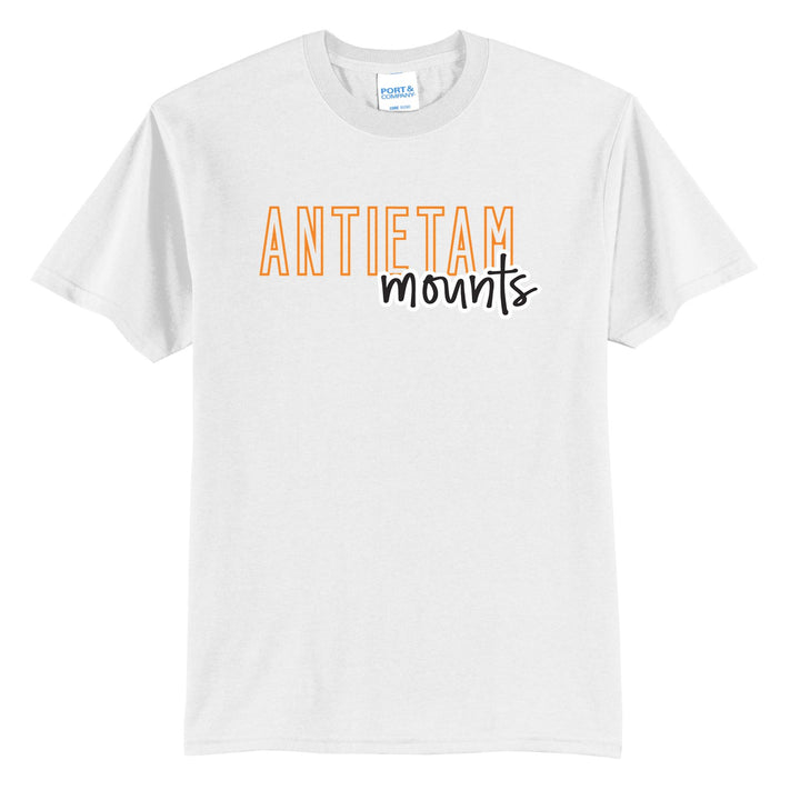 Antietam Mountaineers Outline Script t-shirt in White: outlined ANTIETAM letters with mounts script across the front