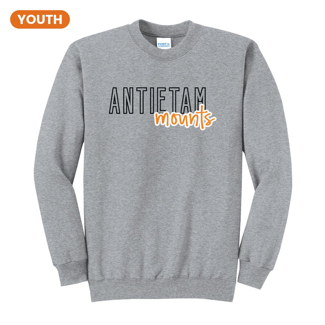 Antietam Mountaineers Outline Script youth crewneck sweatshirt in Athletic Heather: outlined ANTIETAM letters with mounts script across the front