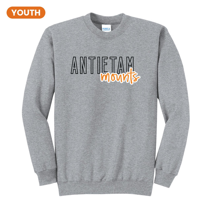 Antietam Mountaineers Outline Script youth crewneck sweatshirt in Athletic Heather: outlined ANTIETAM letters with mounts script across the front