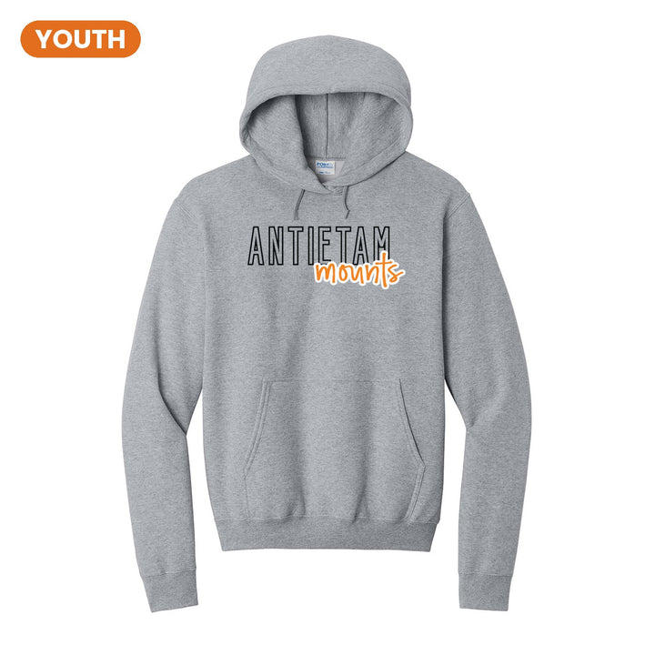 Antietam Mountaineers Outline Script youth hoodie in Athletic Heather: outlined ANTIETAM letters with mounts script across the front
