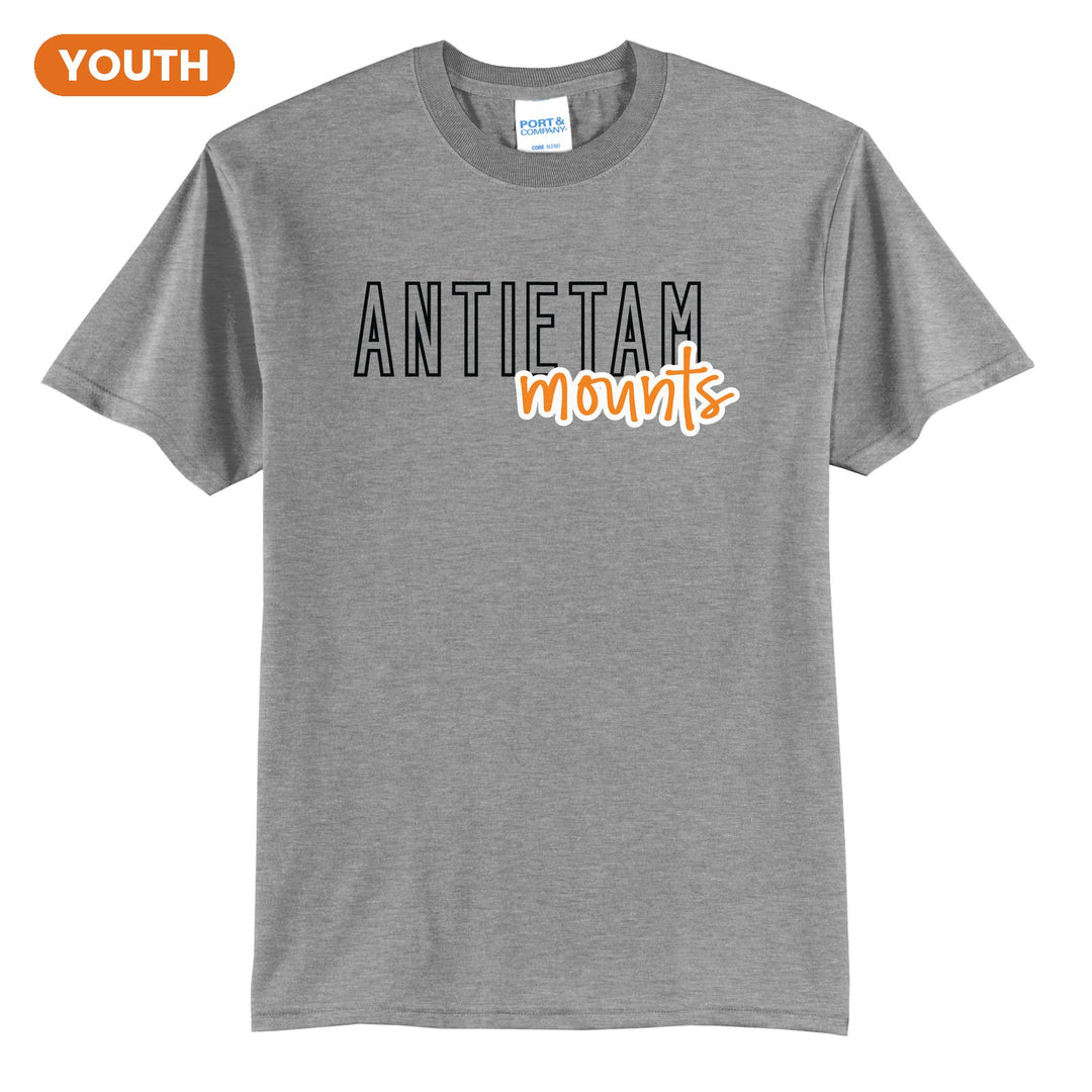 Antietam Mountaineers Outline Script youth t-shirt in Athletic Heather: outlined ANTIETAM letters with mounts script across the front