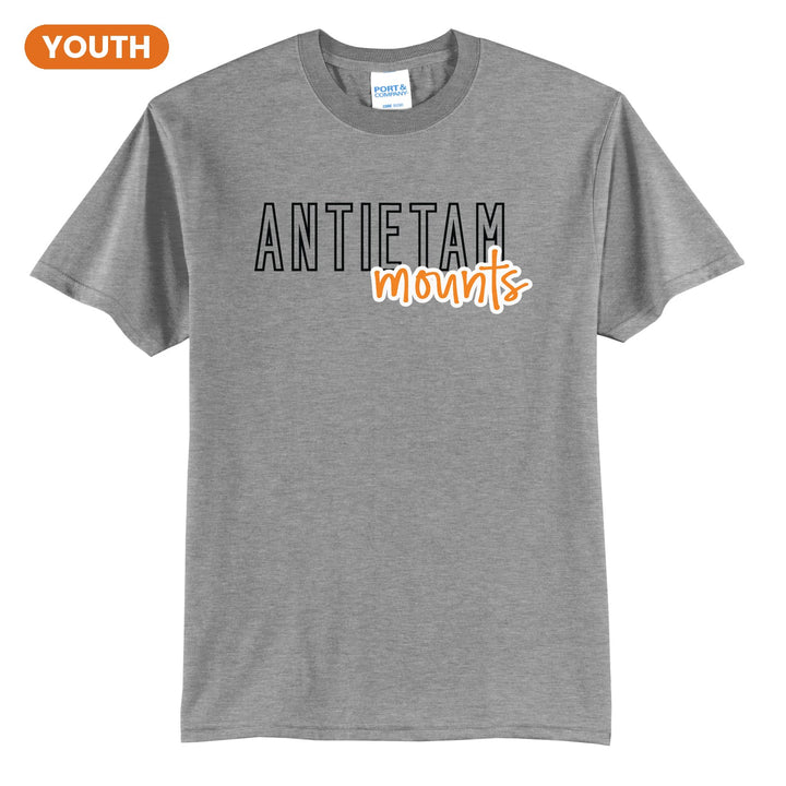 Antietam Mountaineers Outline Script youth t-shirt in Athletic Heather: outlined ANTIETAM letters with mounts script across the front