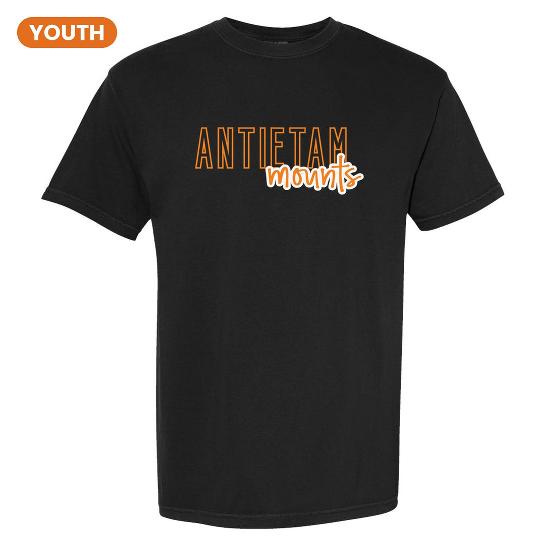 Antietam Mountaineers Outline Script youth comfort colors t-shirt in Black: outlined ANTIETAM letters with mounts script across the front